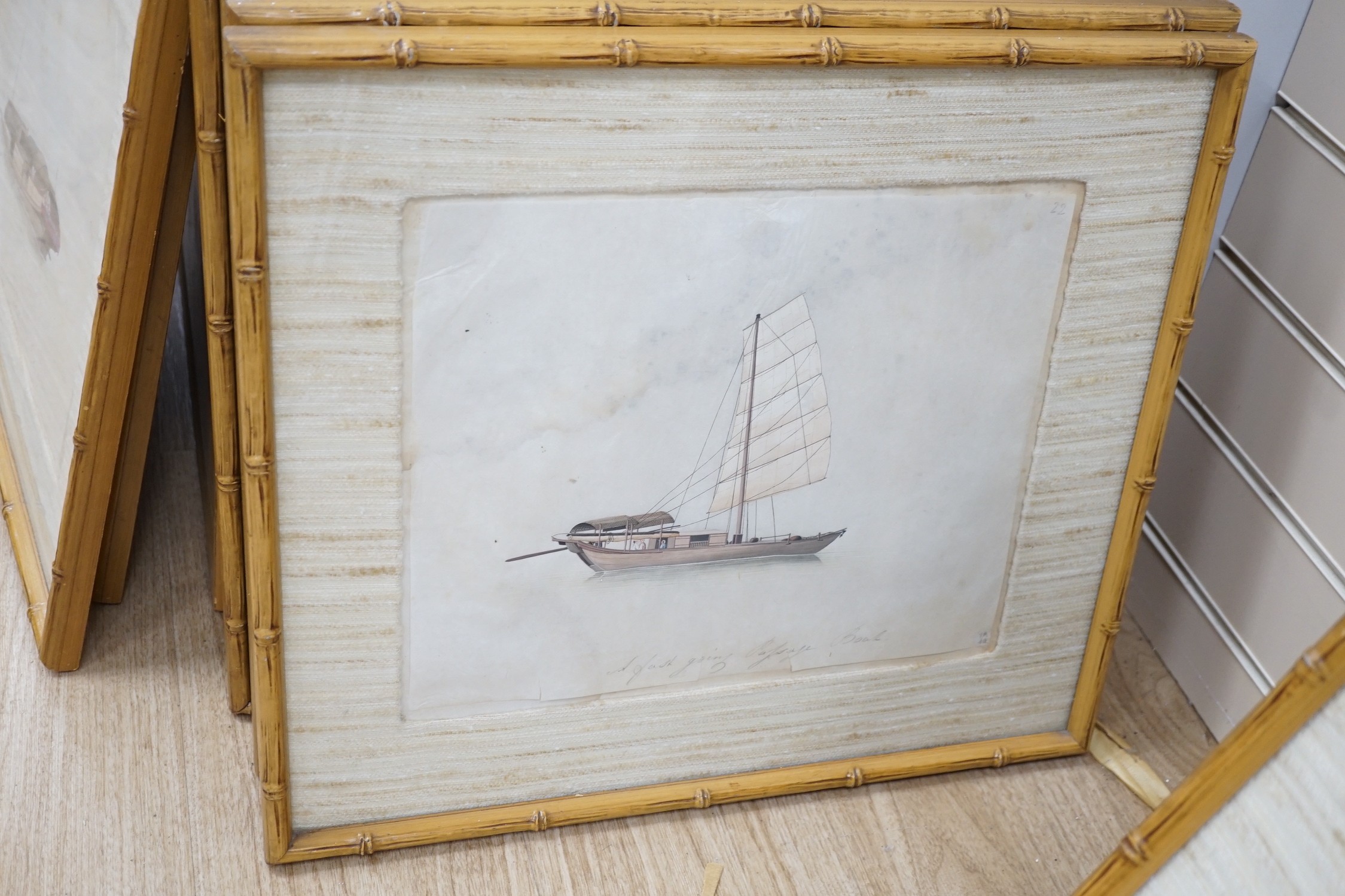 19th century Chinese School, nine gouaches on pith paper, Studies of water-going vessels, inscribed in Chinese and titled in English, giving the names and uses of the various vessels, 29 x 34cm